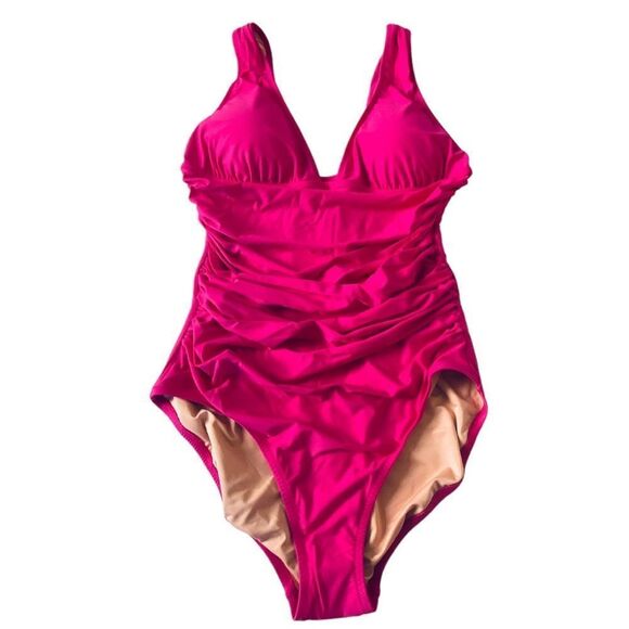 J Crew Radiant Fuchsia Ruched V-neckline One Piece Swimsuit Sz 12 NWT - Picture 6 of 15
